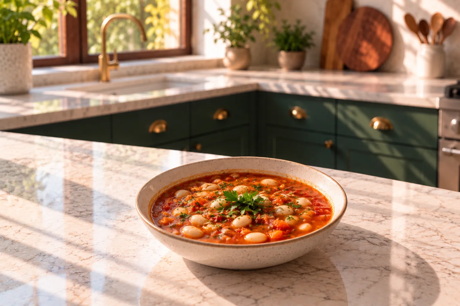 A bowl of bean soup with white beans and vegetables.