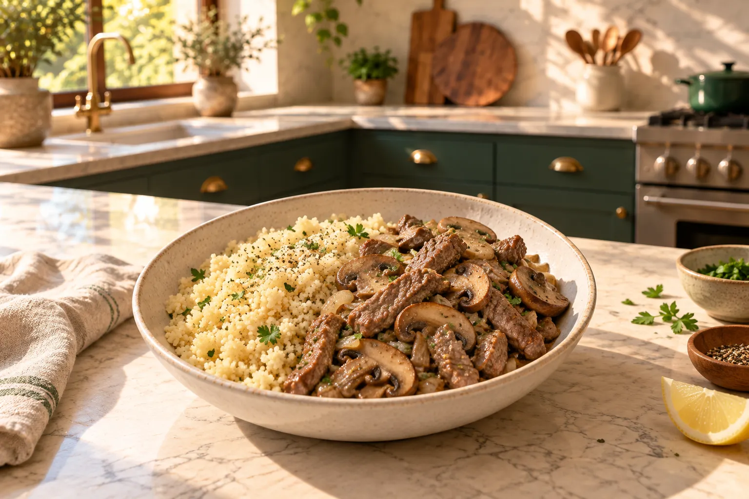 Beef and mushroom couscous bowls.