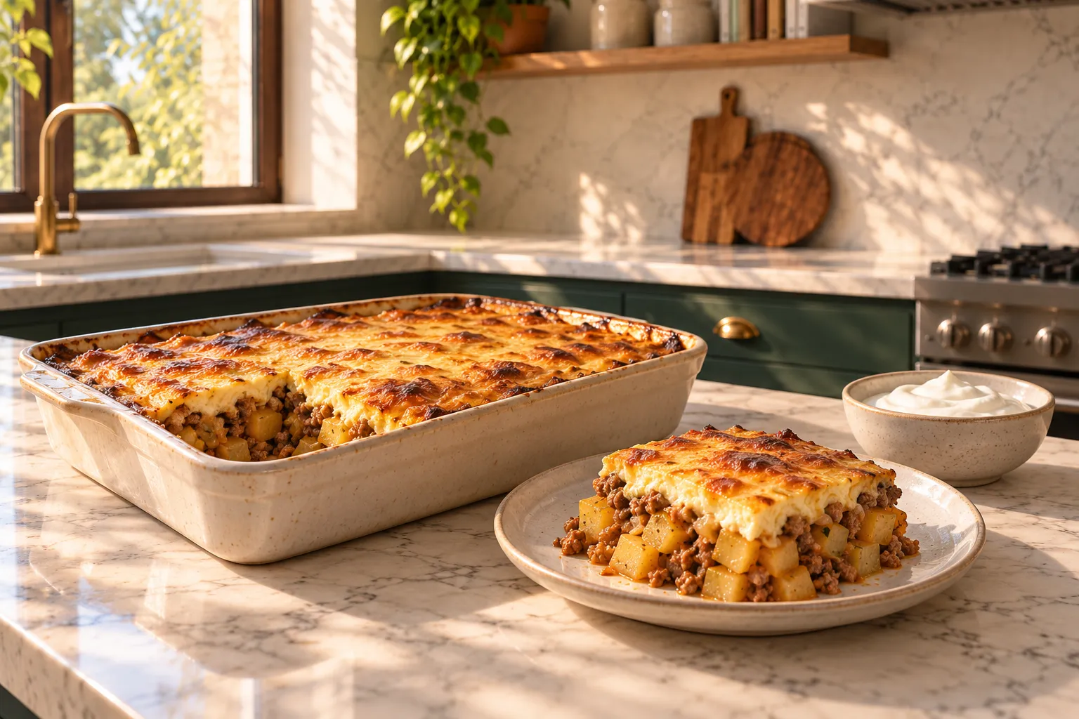 A portion of moussaka on a plate beside a baking dish.