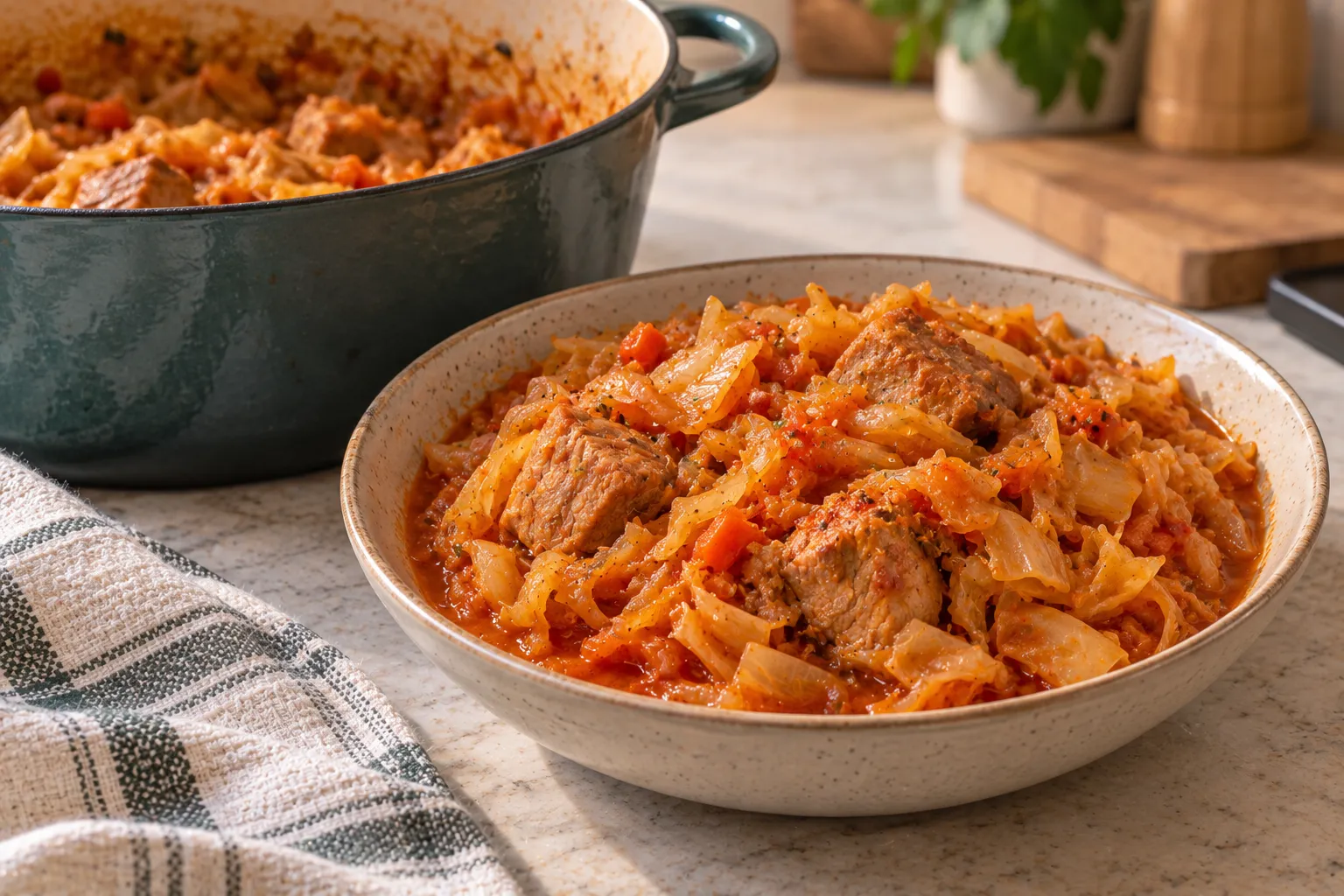 Cabbage stew with pork and tomatoes.
