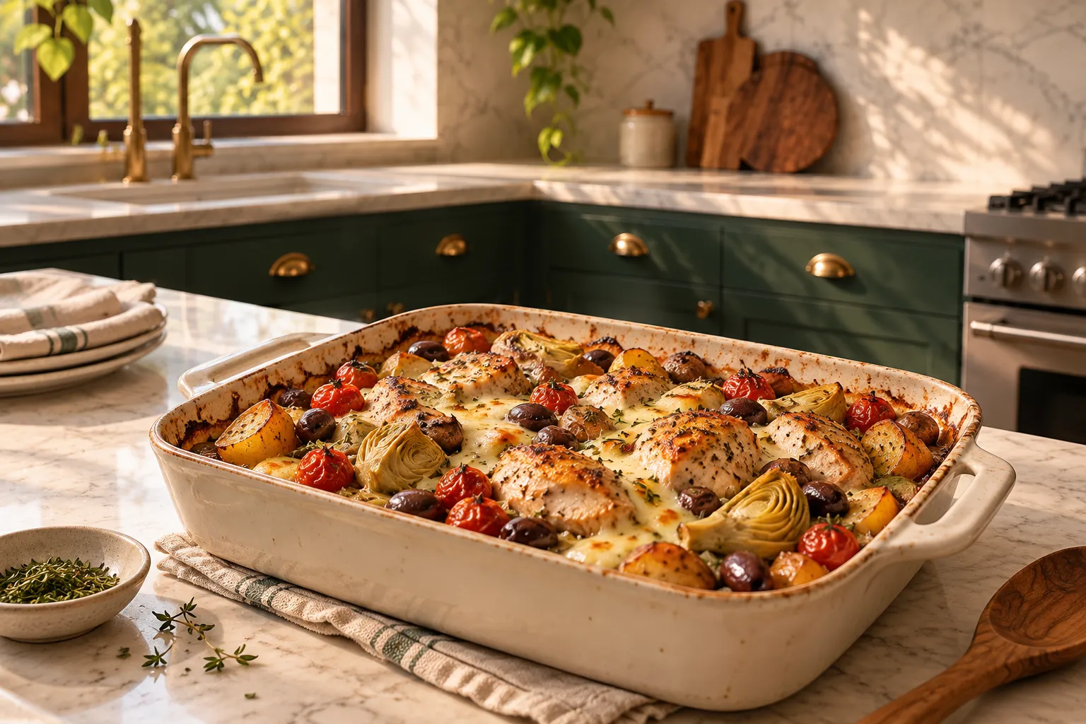 Chicken, potatoes, artichokes and olives in a baking dish with browned cheese.