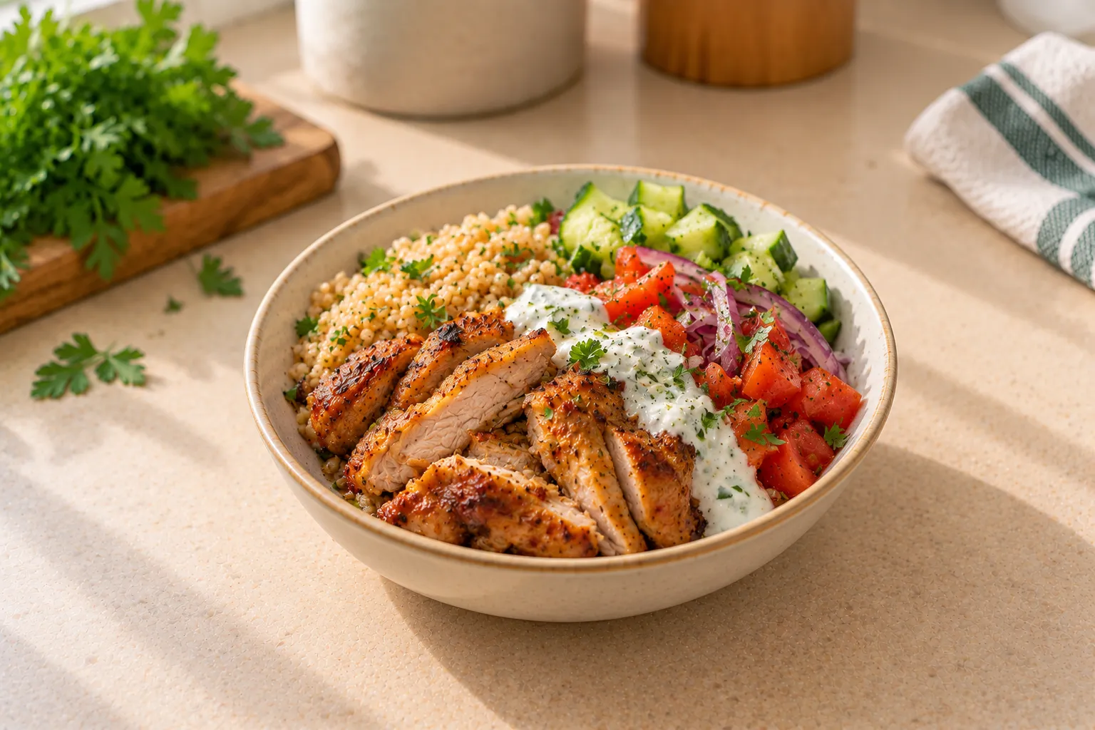Chicken shawarma bowl with bulgur and fresh vegetables.
