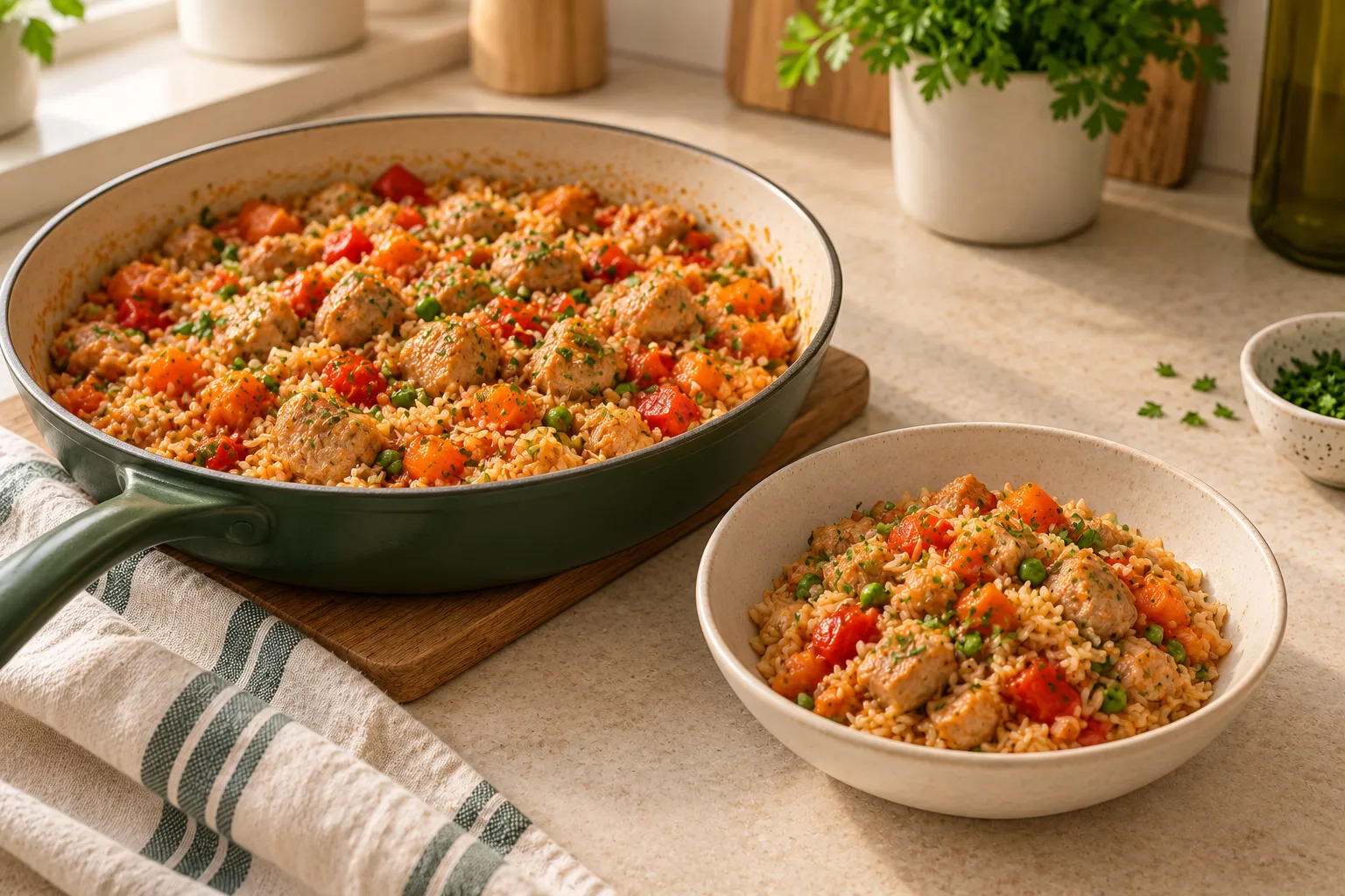 Chicken and vegetable stir-fry served with rice.