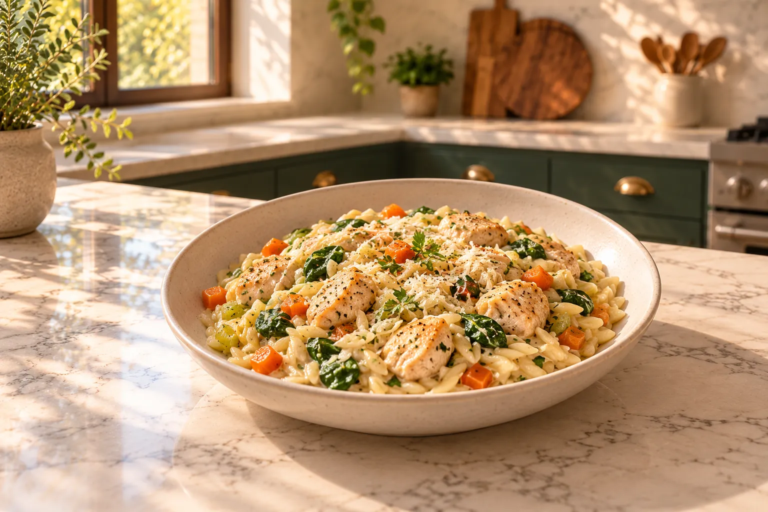 Creamy chicken orzo with vegetables.