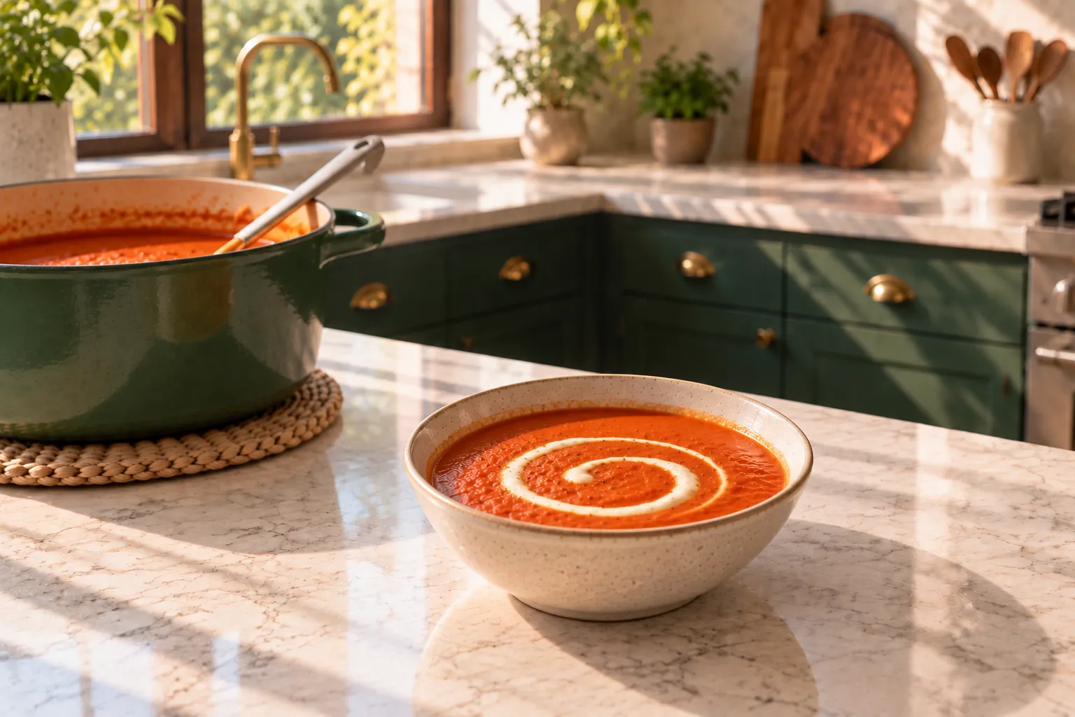 A bowl of creamy roasted tomato soup.