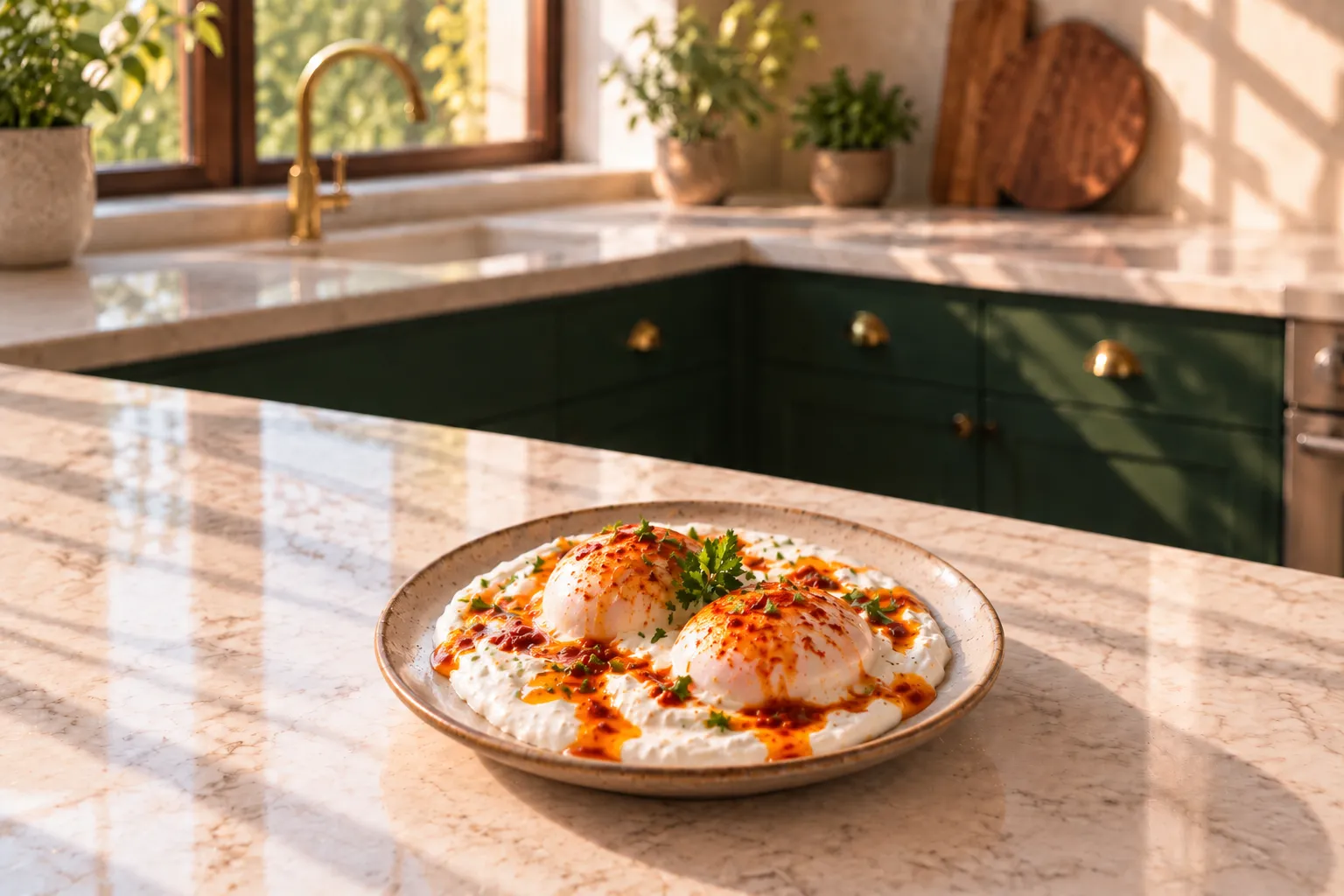 Poached eggs over yogurt with a red paprika topping on a plate.