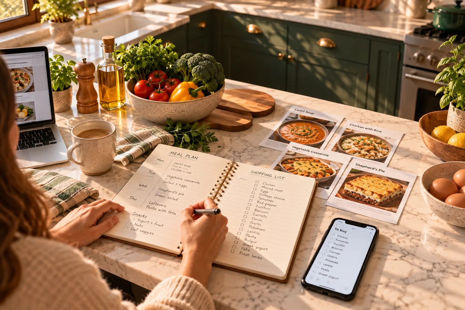 A person writing a meal plan and shopping list at a kitchen counter.