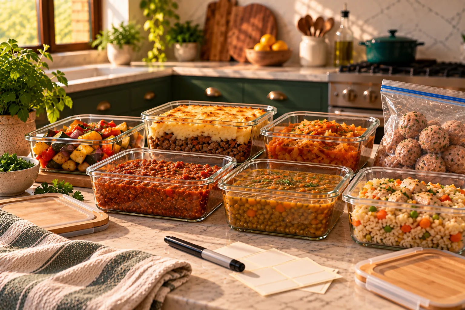 Prepared dishes in containers alongside a labelled freezer bag.