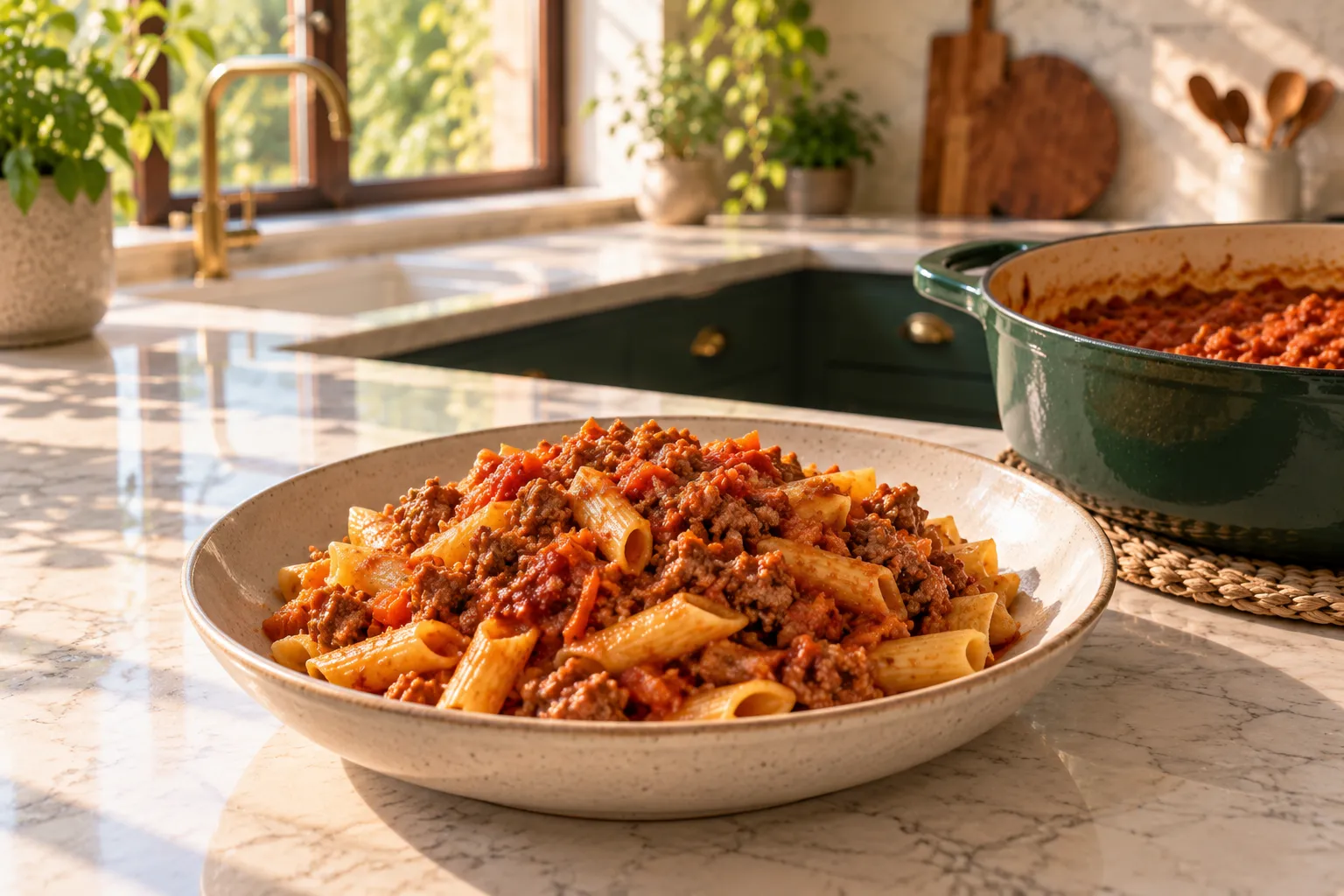 Pasta with meat and tomato sauce in a shallow bowl.