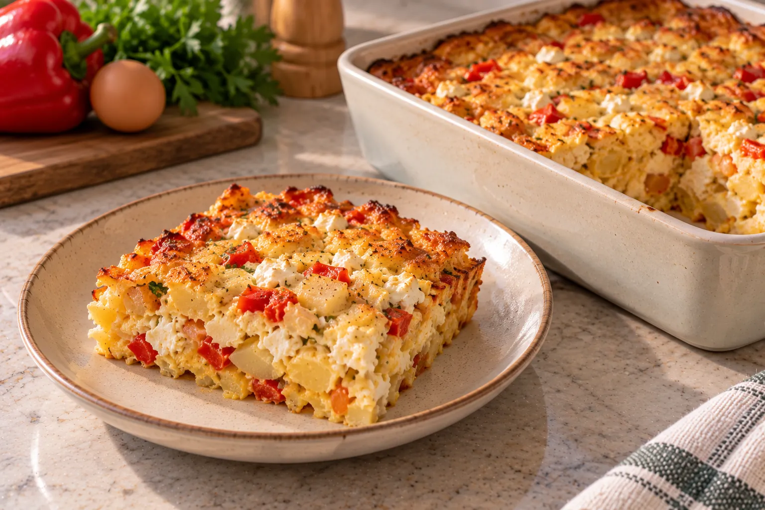Potato and egg bake with peppers and cheese.