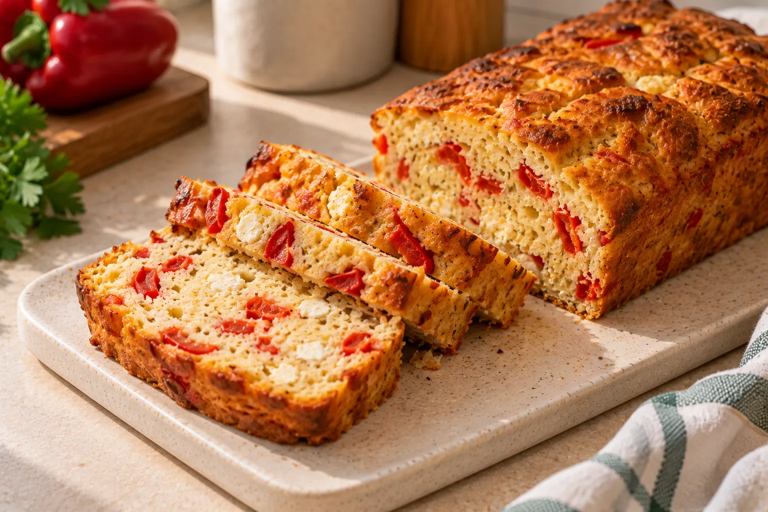 Savory loaf with roasted pepper and cottage cheese.
