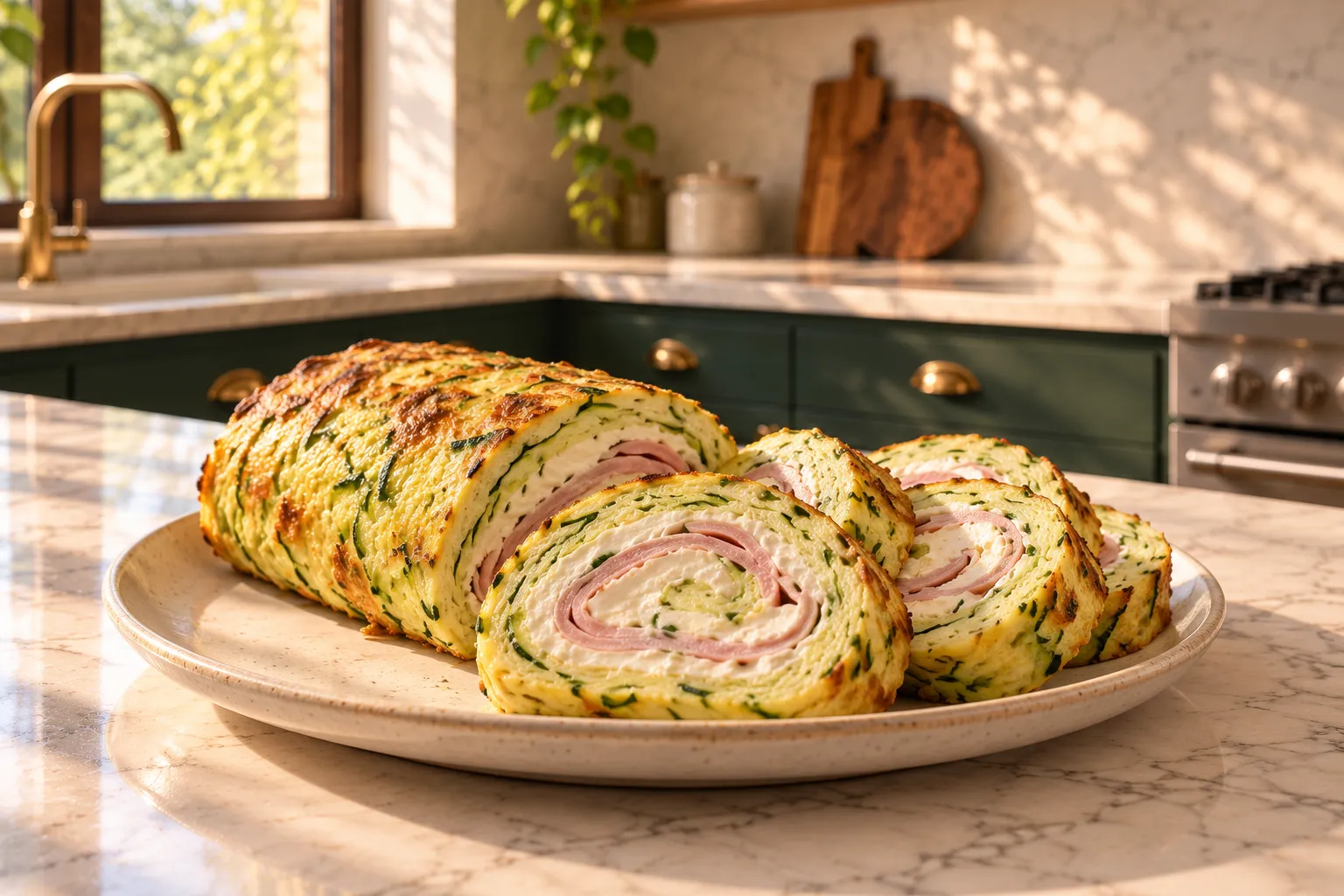 Sliced zucchini roll with cream cheese and ham spirals on a plate.